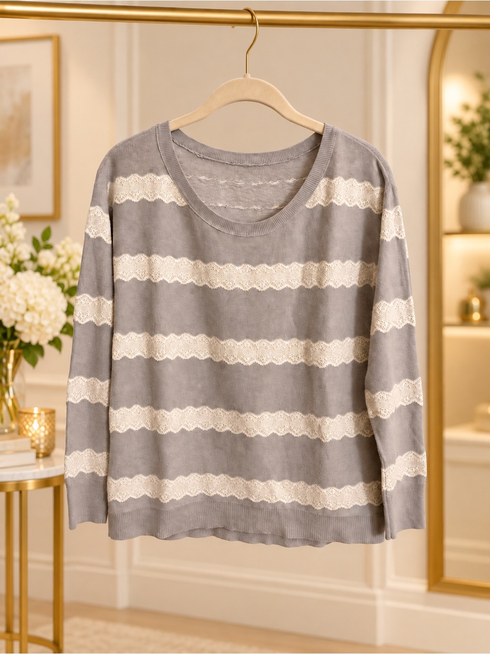 American Eagle Lace Stripe Sweater 6846 Gray Cream Size S/P